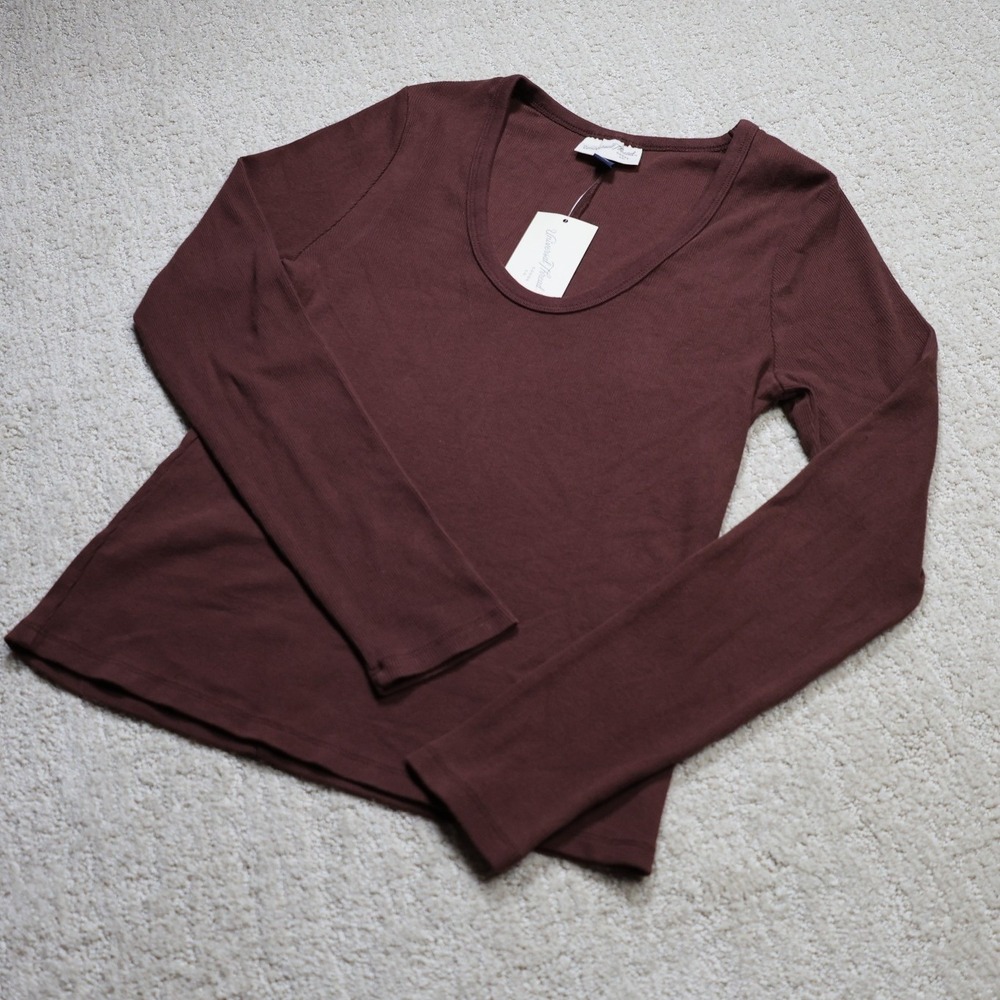 Universal Thread Brown Ribbed Scoop Neck Long Sleeve Top Size M NEW